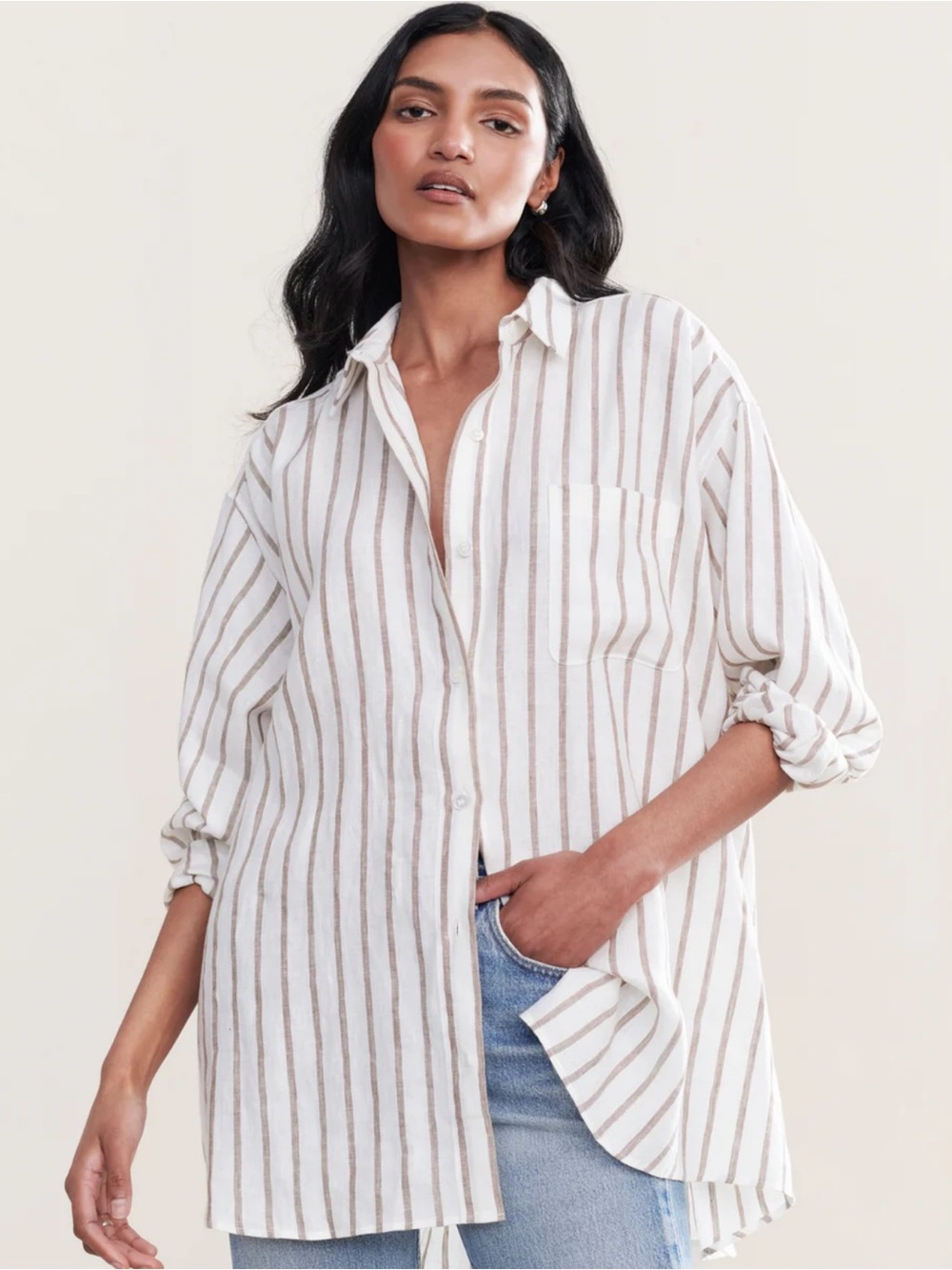 Small Linen Oversized Striped Linen Button-Up Shirt by Jenni Kayne
